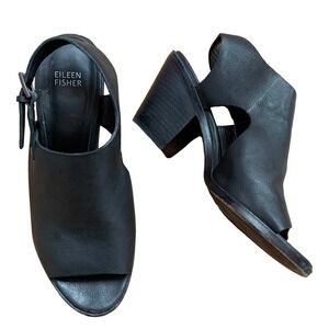 Eileen Fisher Black Leather Glance Sandal 9 Open Toe Slingback Strap Block Heel